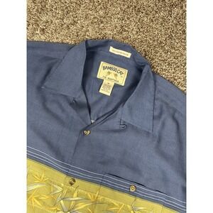 Bamboo Cay Shirt Mens Medium Blue Yellow Rayon Hawaiian Camp‎ Aloha Button Up